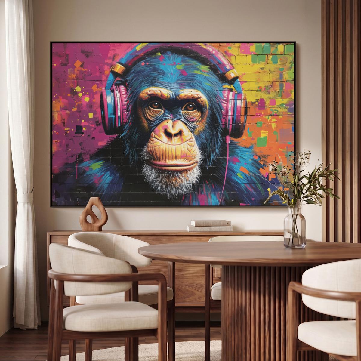 LEINWAND Bilder mit Rahmen - Graffiti - Schimpanse - Straßenkunst - Kopfhörer - Affe - 150x100 - Blau, Textil (150/100cm) - MuchoWow