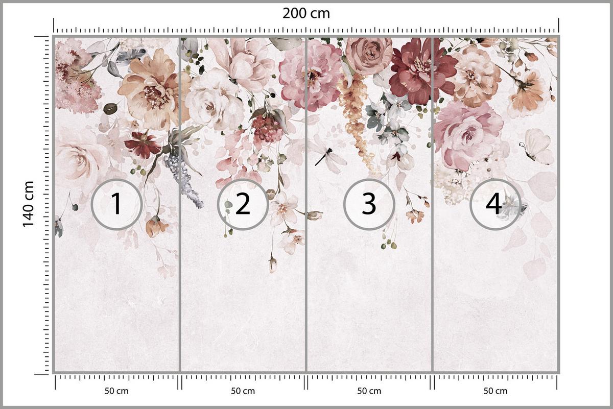 FOTOTAPETE für Schlafzimmer Aquarell Bunte Blumen Ranken Blätter 200x140 - Rot/Rosa, Papier (200/140cm) - Muralo
