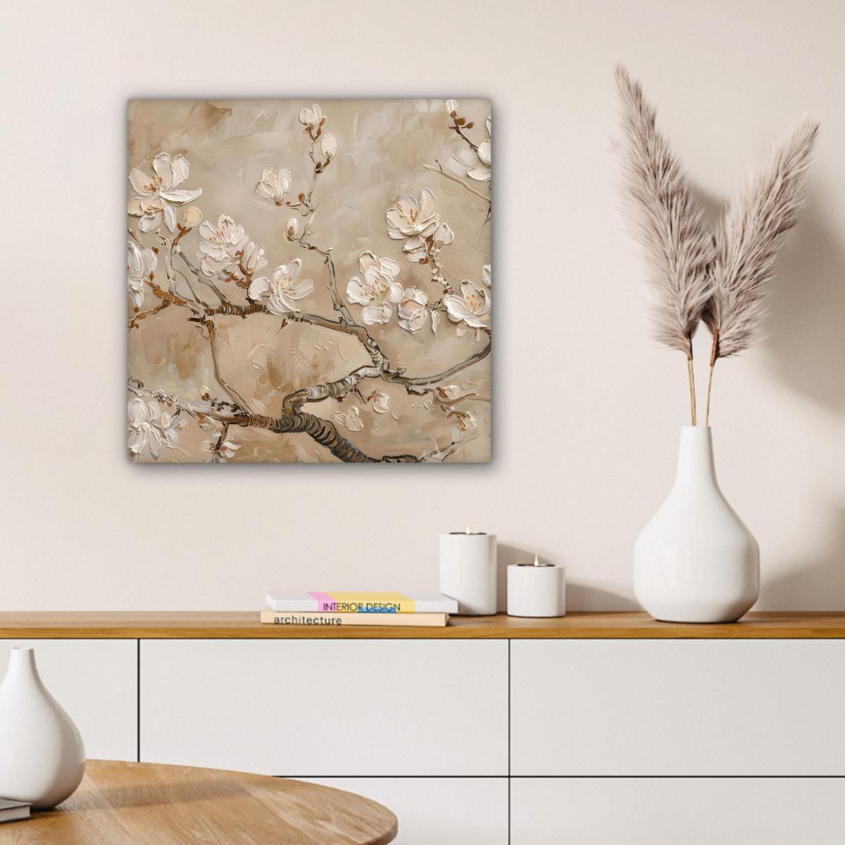 LEINWANDBILD Blumen - Modern - Beige - Weiß - Blüte Wandbild Wohnzimmer 50x50 cm - Beige, Textil (50/50cm) - MuchoWow