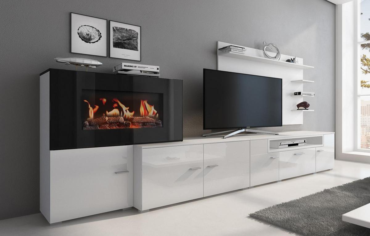 WOHNWAND mit Elektrokamin weiß, Hochweiß lackiert, 290/45/170cm - Weiß, Holzwerkstoff (290/170/45cm) - Skraut Home