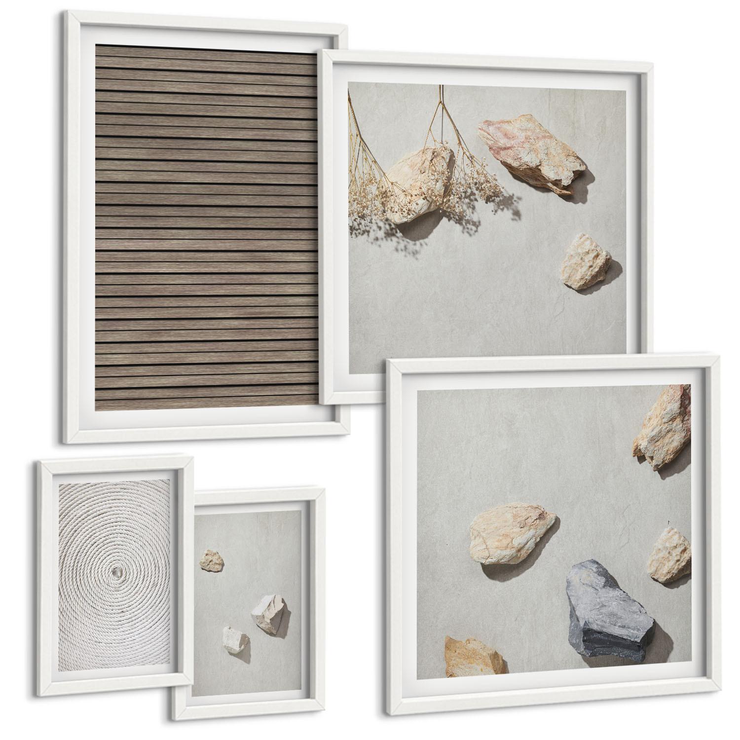 BILDER SET 5er Set - 50x50 cm & 20x30 cm & 40x60 cm Weißer Rahmen - Natürliche Texturen Holz Steine - Weiß, Kunststoff (40/60cm) - TULUP