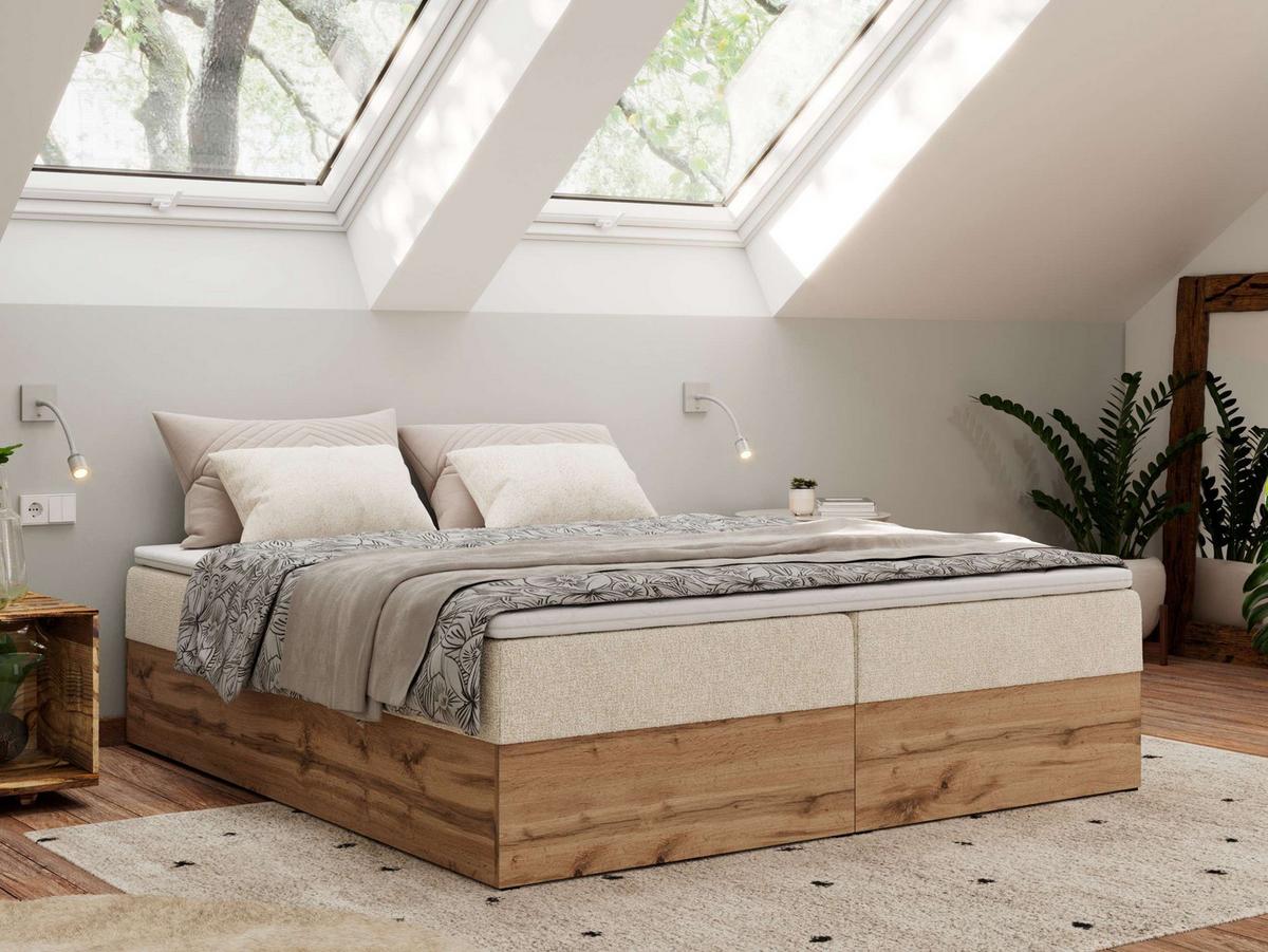 BOXBETT WOOD ZERO 160/200 - Creme Struktur - H4 - Topper Visco - Creme, Textil (160/200cm) - MKS