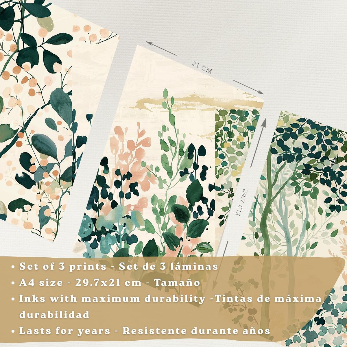 POSTER 3er-Set Wandbilder Floral Bäume modern Wohnzimmer Deko, Schlafzimmer, Küche, Badezimmer Schwarzer Rahmen A4 - Schwarz, Papier (29.7/1/21cm) - Nacnic