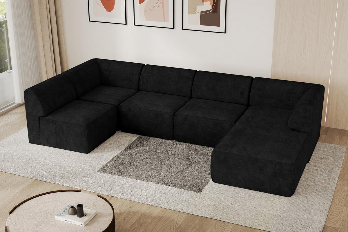 WOHNLANDSCHAFT Ottomane Rechts MOVO-L 345x180x78 cm Schwarz Velours - Schwarz, Holzwerkstoff/Kunststoff (180/78/345cm) - ALTDECOR