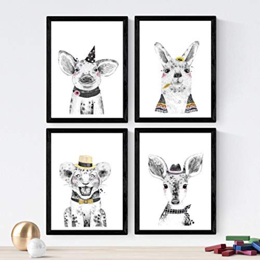 POSTER Set mit 4 „Tiere mit Hüten und Schale“ A4 Schwarzer Rahmen - Schwarz, Papier (29.7/3cm) - Nacnic