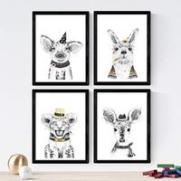 POSTER Set mit 4 „Tiere mit Hüten und Schale“ A4 Schwarzer Rahmen - Schwarz, Papier (29.7/3cm) - Nacnic