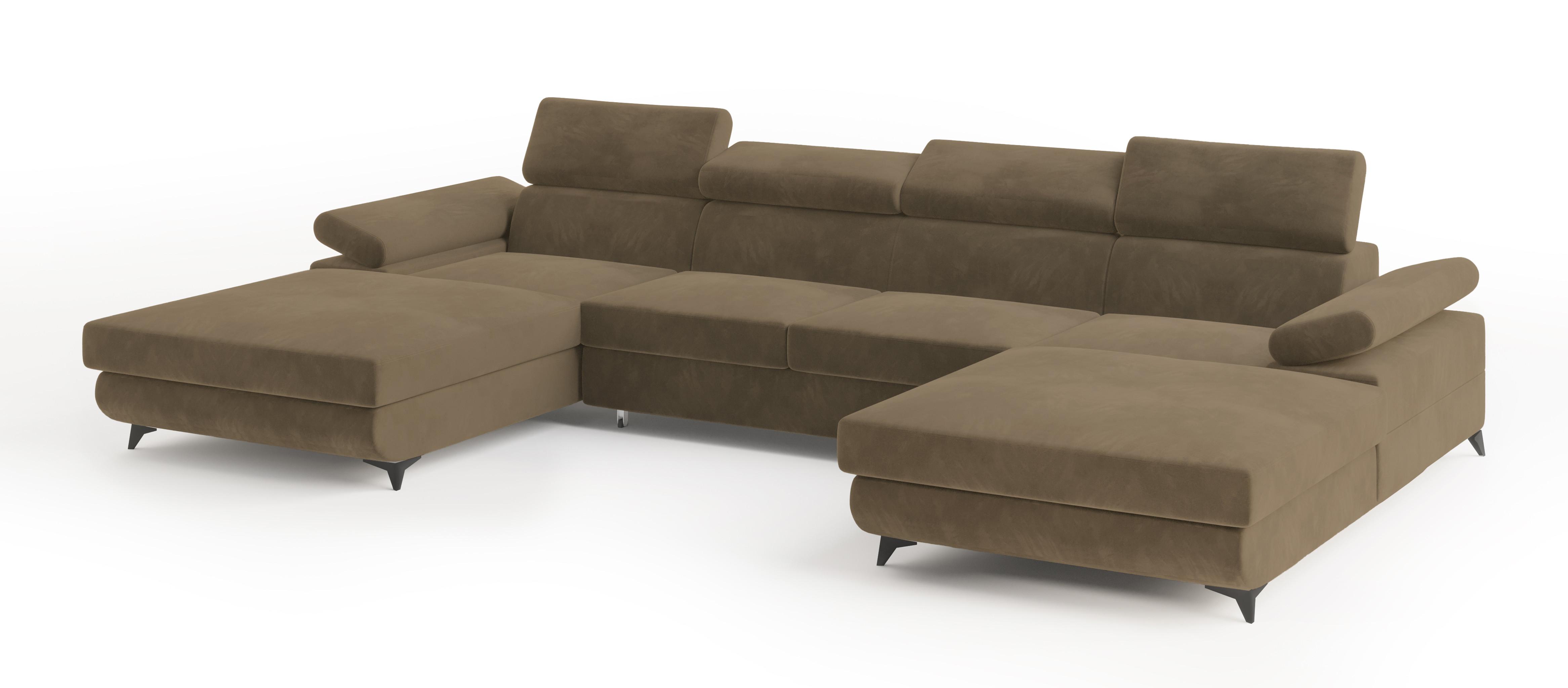WOHNLANDSCHAFT DETTI Beige Velours-Stoff mit Schlaffunktion - Beige, Holz (339/89/190cm) - MASSENO