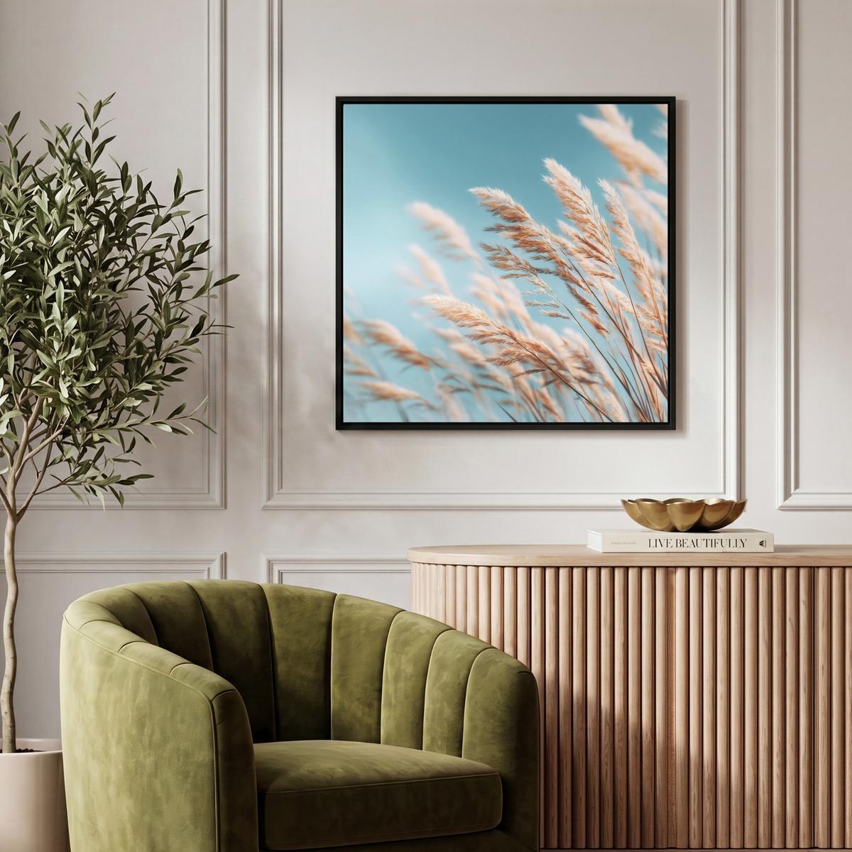 LEINWAND Bilder mit Rahmen - Ziergras - Wind - Hellbraun - 50x50 - Hellblau, Textil (50/50cm) - MuchoWow
