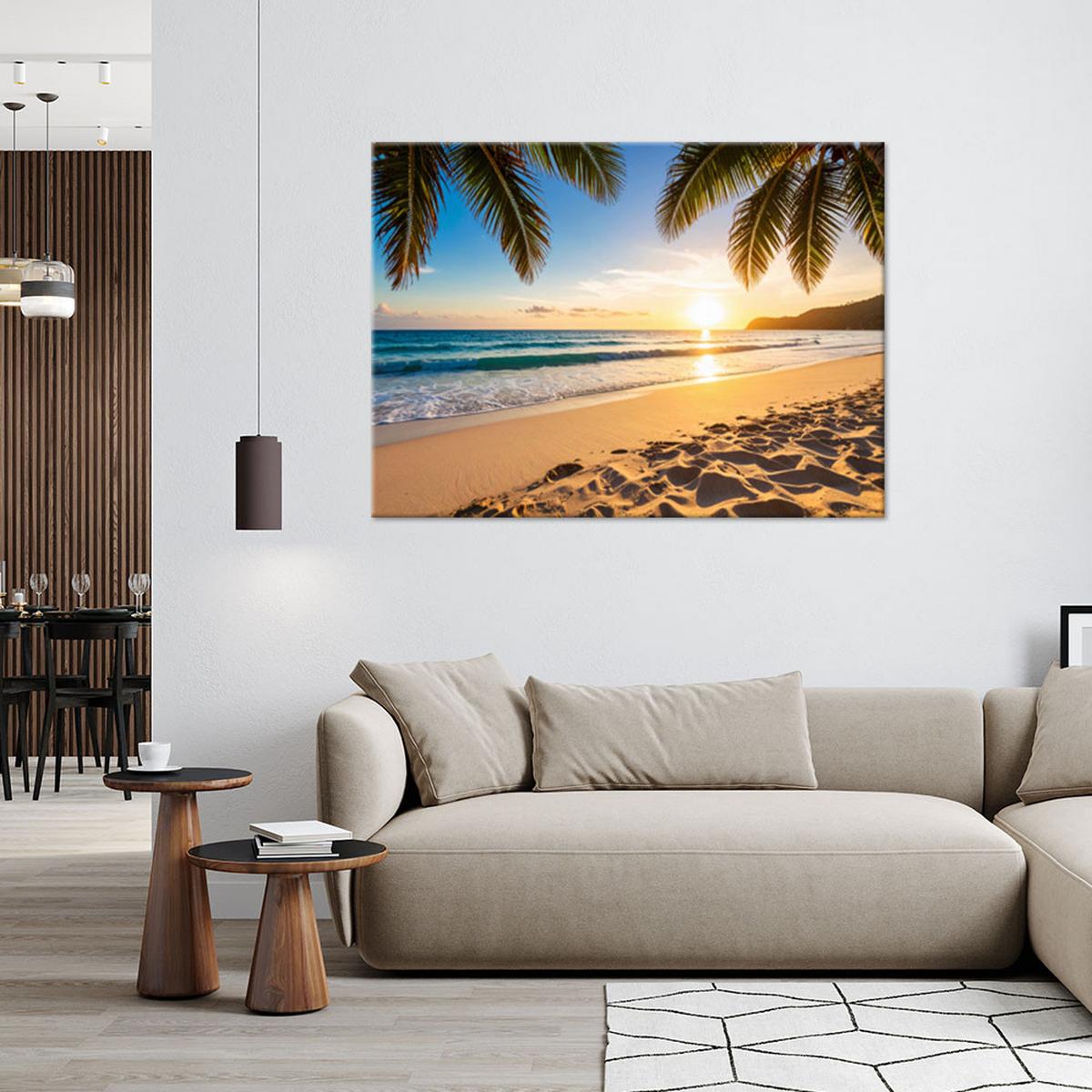 LEINWANDBILD Sonnenuntergang am Strand Palmen 120x80cm - Orange, Textil (120/80cm) - Feeby