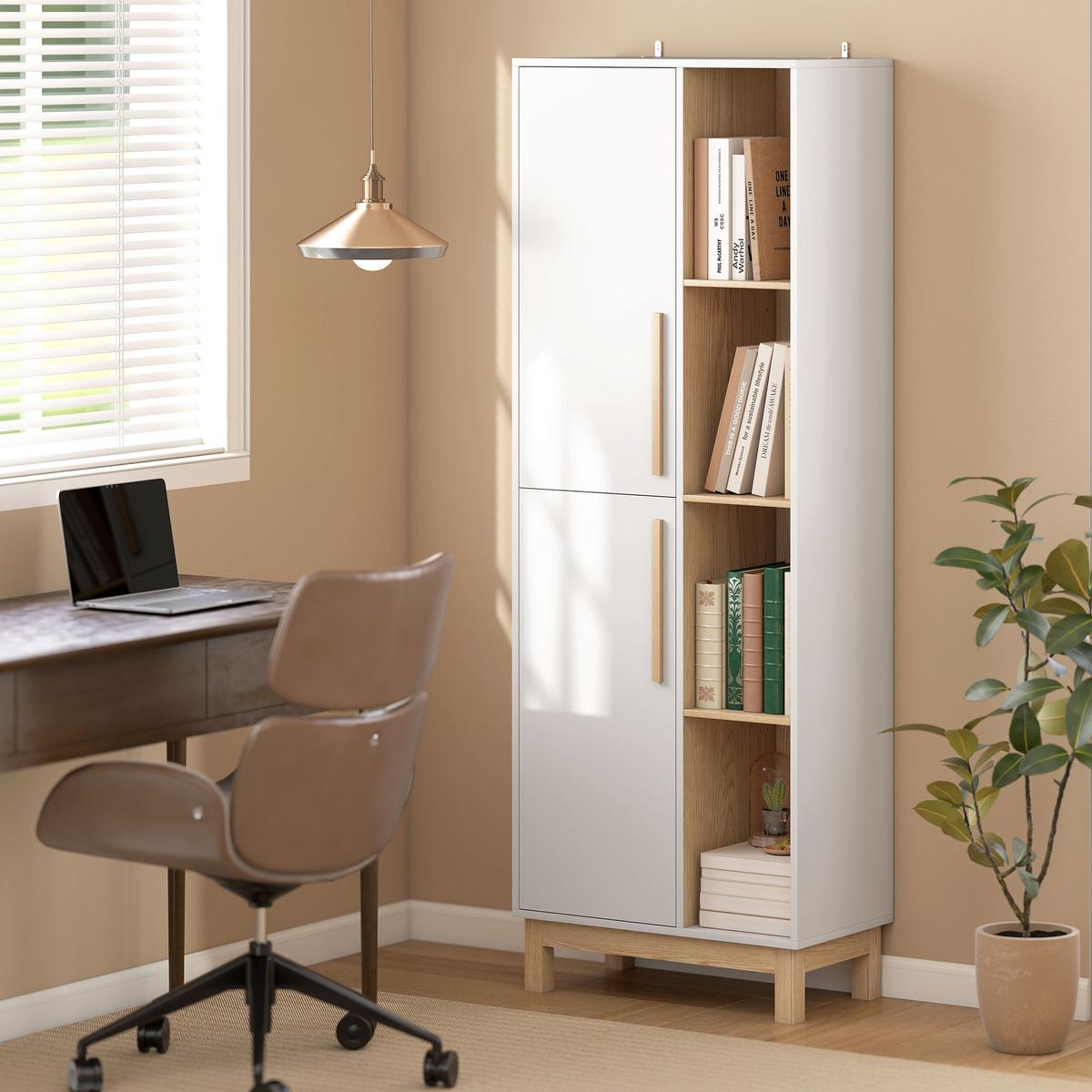 BÜCHERREGAL mit 2 Türen Standregal mit 4 Offenen Ebenen Verstellbaren Ablagen - Multicolor/Weiß, Holzwerkstoff (35/176/62.5cm) - HOMCOM