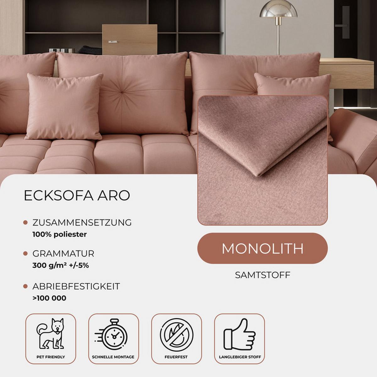 ECKSOFA ARO mit Schlaffunktion und Bettkasten Rosa - Schwarz/Rosa, Kunststoff/Textil (280/190cm) - Idohome