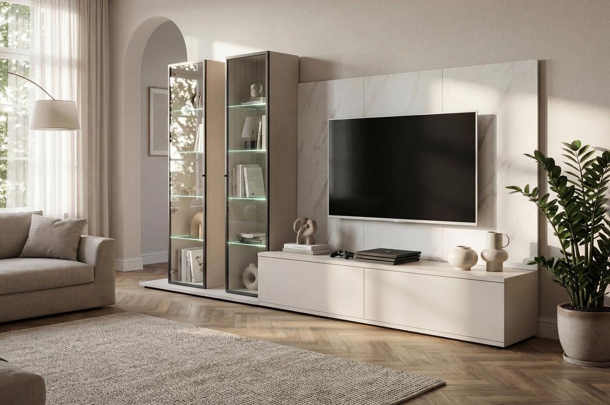 WOHNWAND kaschmir, Marmor weiß 300 cm, Anbauwand mit Wandpaneel, Beleuchtung, Push-to-Open - Kaschmir/Schwarz, Glas/Holzwerkstoff (300/175/45cm) - Inn.Furn