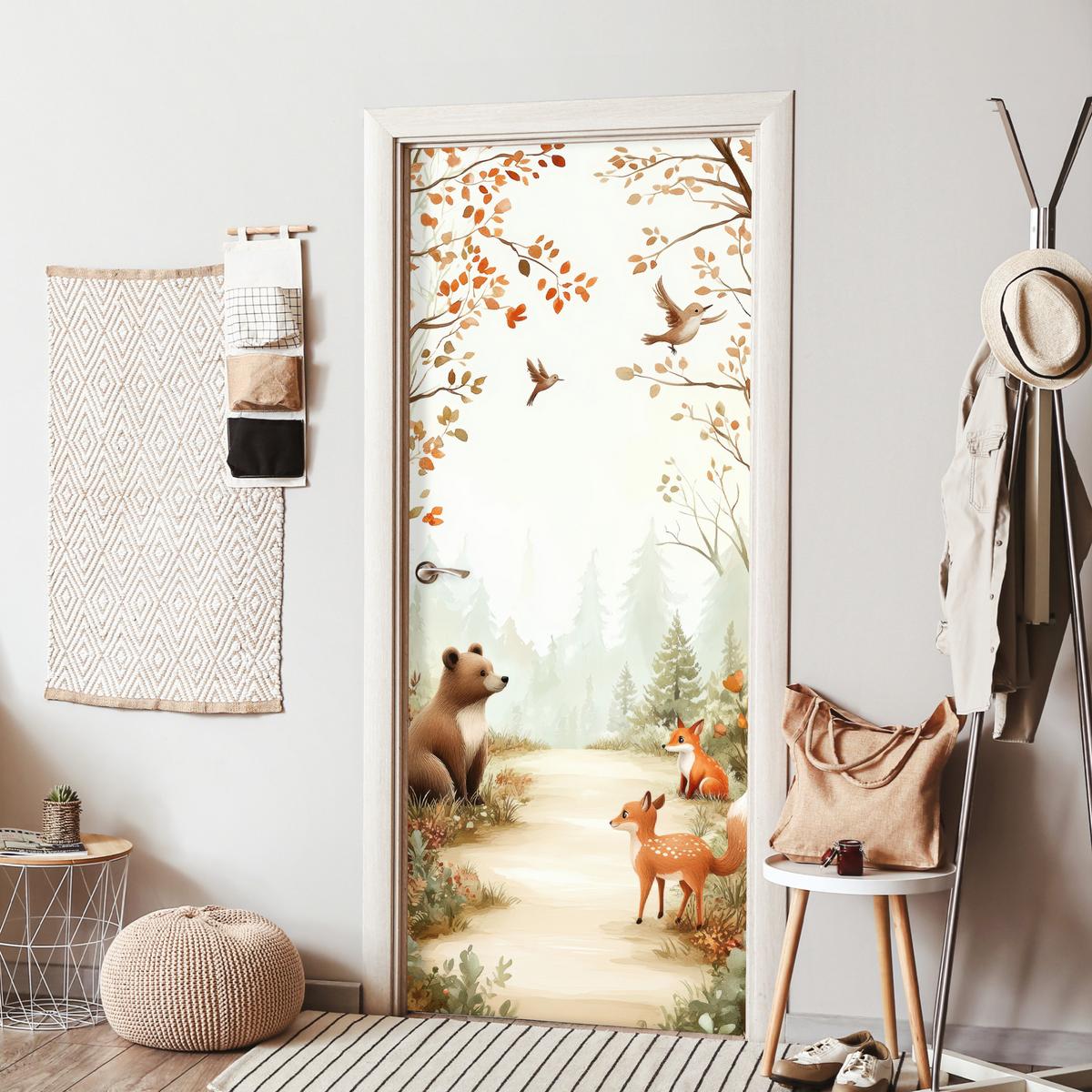 TÜRAUFKLEBER Wald - Herbst - Waldtiere - Bär - Fuchs Room Decor 85x205 cm - Türtapete - Kastanienfarben, Kunststoff (85/0.1cm) - MuchoWow