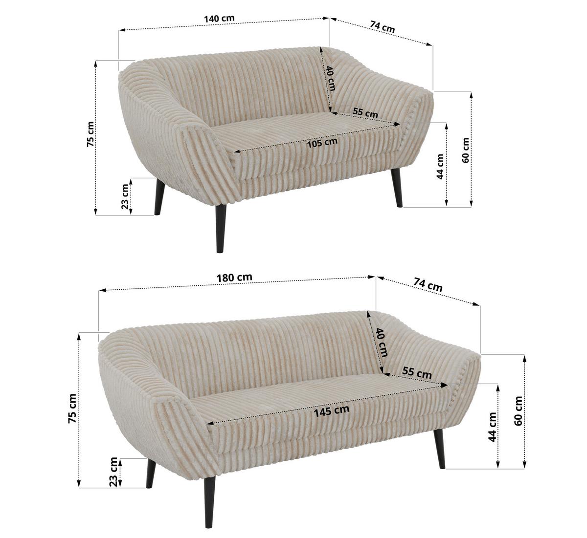 SITZGARNITUR PIRS 3+2 - Beige Cord - Schwarze Beine - Beige/Creme, Holzwerkstoff/Textil (180/75/74cm) - MKS