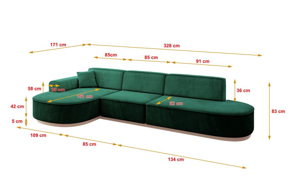 ECKSOFA Ottomane Links MARI-L2-v1 - 328x171x83 cm Grün Velours - Grün, Holzwerkstoff/Textil (328/171cm) - ALTDECOR