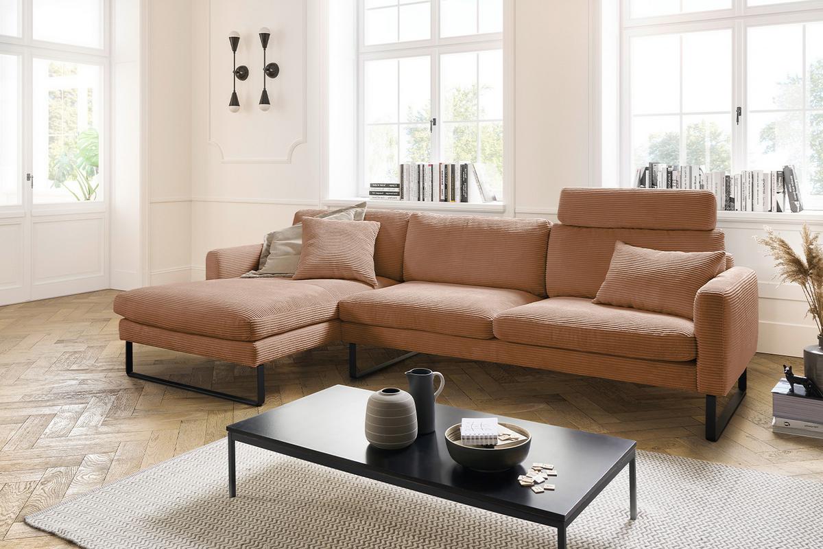 ECKSOFA RICARDA Braun Cord - Schwarz/Braun, Textil/Metall (298/154cm) - KAWOLA