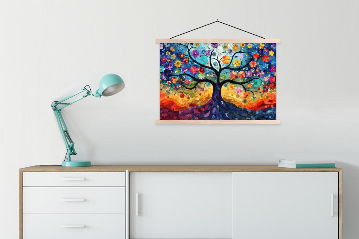 POSTER MIT MAGNETLEISTEN Kunst - Baum des Lebens - Blumen - Hippie Wanddeko 90x60 cm - Dunkelblau, Textil (90/60/0.15cm) - MuchoWow