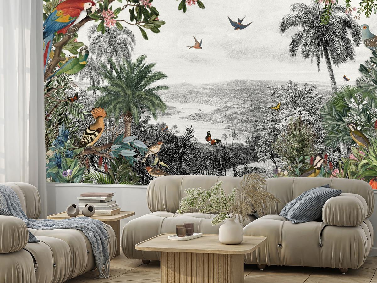 FOTOTAPETE für Wohnzimmer Tropenpapageien Vögel Palmen 250x175 - Gelb/Rot, Papier (250/175cm) - Muralo