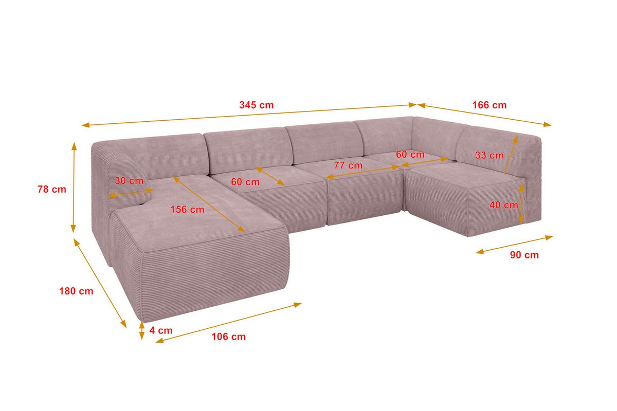 WOHNLANDSCHAFT Ottomane Links MOVO-L 345x180x78 cm Rosa Cord - Rosa, Holzwerkstoff/Kunststoff (345/78/180cm) - ALTDECOR