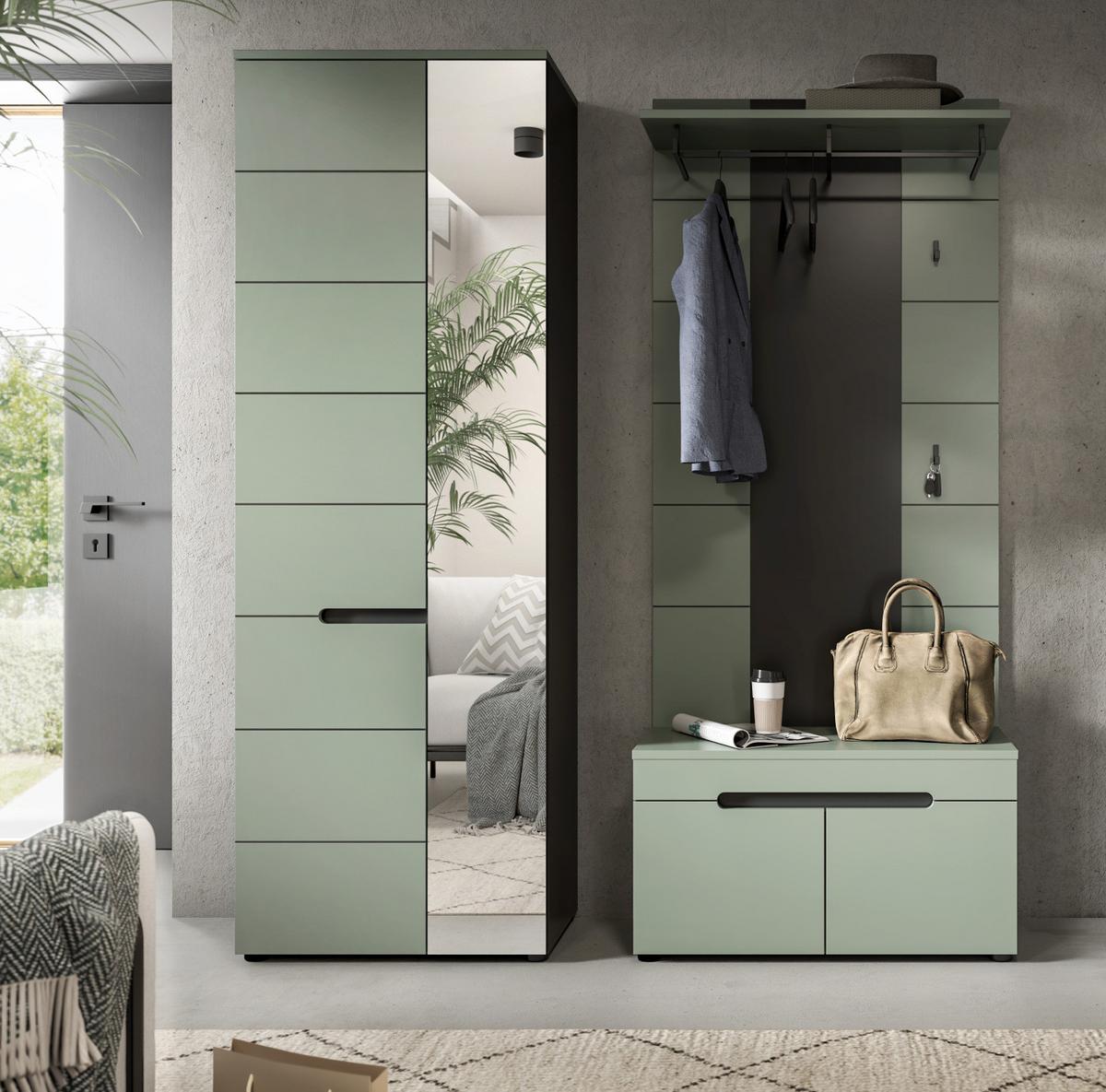 GARDEROBE-SET Salbei Grün und Grau, Garderobe 3-teilig 160 x 190 cm mit Soft-Close - Salbeigrün/Dunkelgrau, Holzwerkstoff/Kunststoff (160/190/37cm) - Inn.Furn