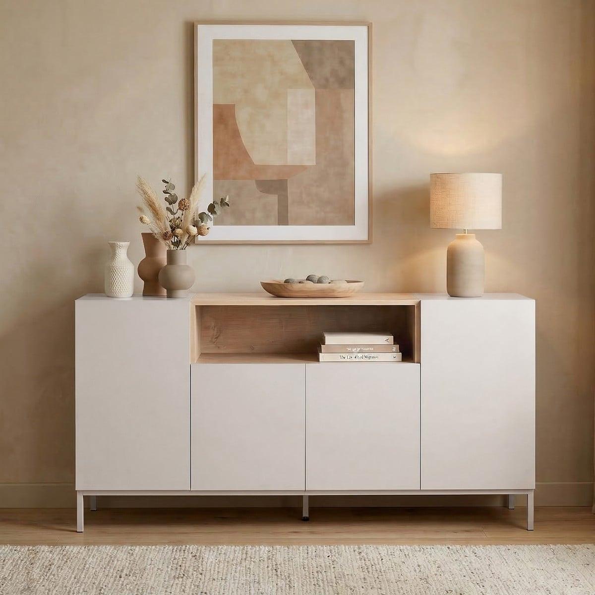 SIDEBOARD mit 4 Türen und 1 Nische, Kaschmir und Holzdekor 40/80/160 cm - Beige, Holzwerkstoff (40/80/41.5cm) - Calicosy