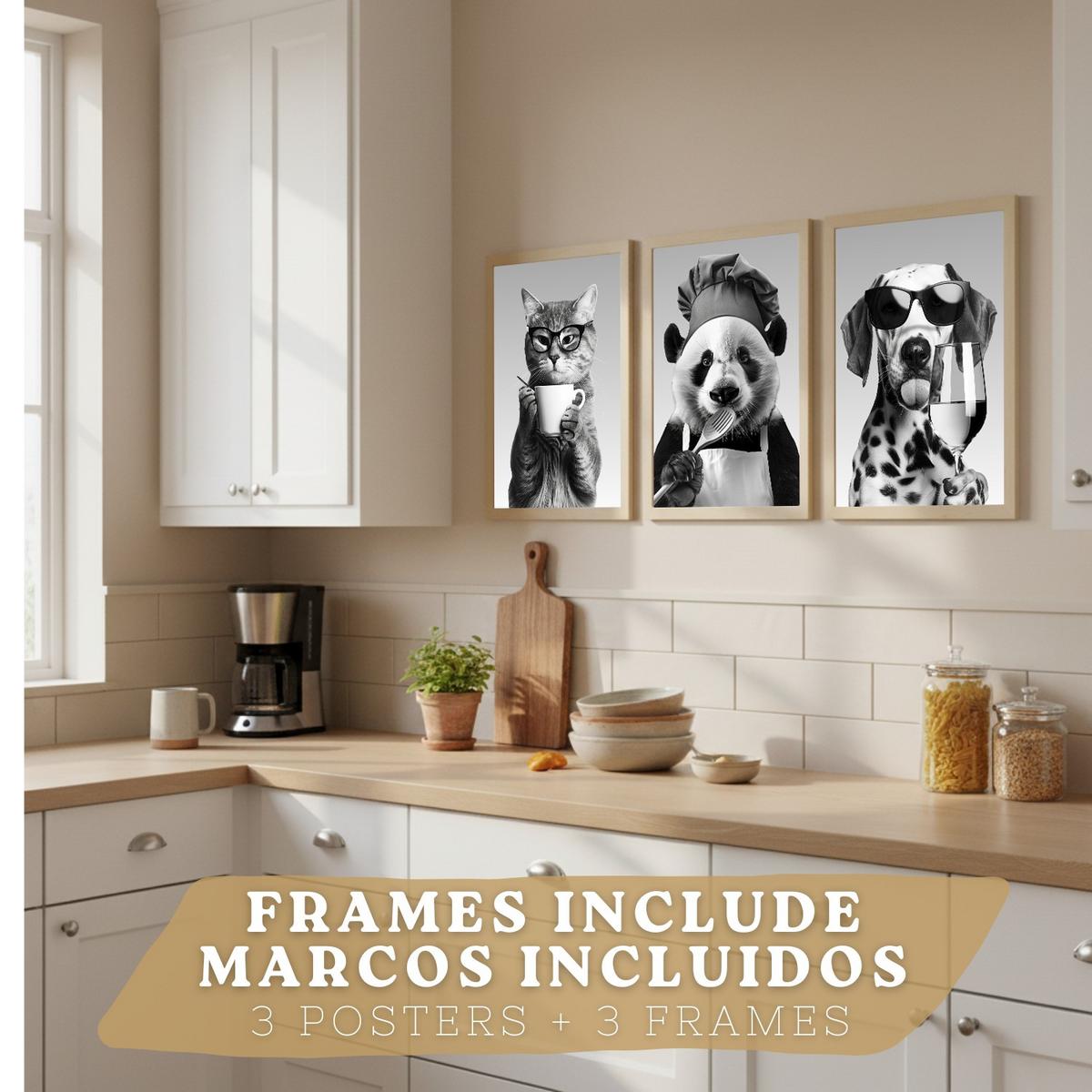 POSTER 3er Set Lustige Tiere Schwarz Weiß Wandbilder Katze Dalmatiner und Panda Koch Küche Wanddeko Rahmenlos A3 - Beige, Papier (29.7/1/42cm) - Nacnic