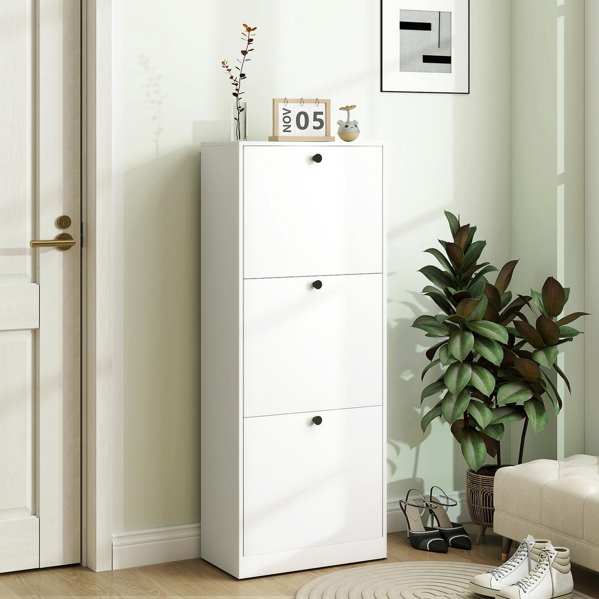 SCHUHSCHRANK mit 3 Klappen, 47 x 26 x 120 cm, Weiß - Weiß, Holzwerkstoff (26/120/47cm) - HOMCOM