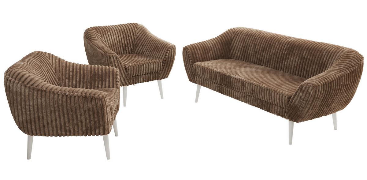 SITZGARNITUR PIRS 3+1+1 - Braun Cord - Weiße Beine - Braun/Weiß, Holzwerkstoff/Textil (180/75/74cm) - MKS