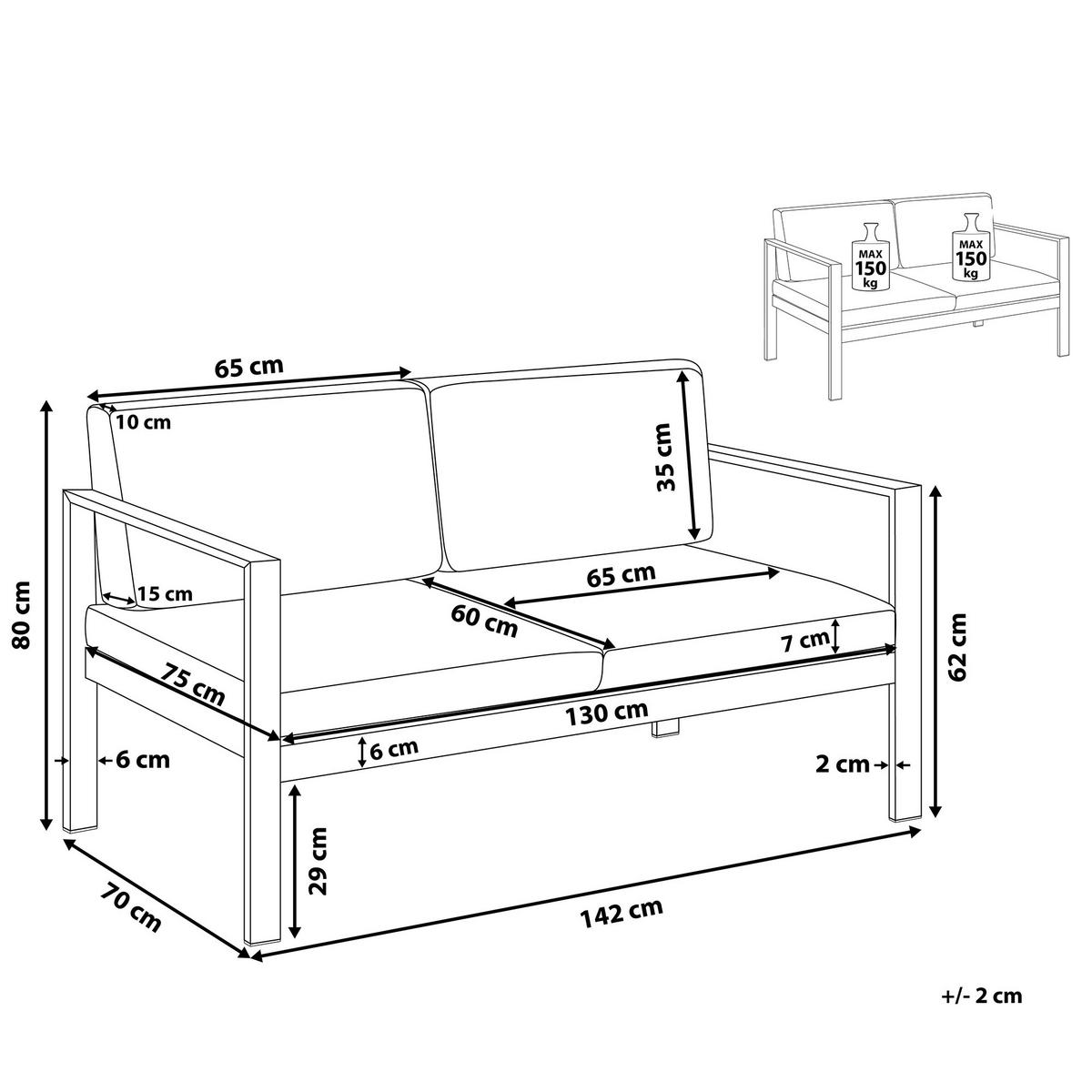 GARTENSOFA Aluminium 2-Sitzer Auflagen dunkelgrau Salerno - Dunkelgrau, Metall (142/80/70cm) - Beliani