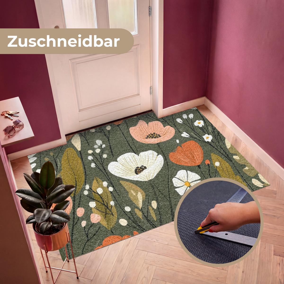 FUSSMATTE Blumen - Illustration - Grün Flurteppich 180x120 cm - Dunkelgrün, Kunststoff (180/0.4cm) - MuchoWow