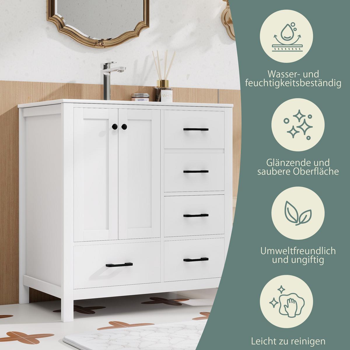 WASCHTISCH Freistehend Weiß mit Keramikbecken & 4 Schubladen - Weiß, Holzwerkstoff (76/82/46cm) - Urban Meuble