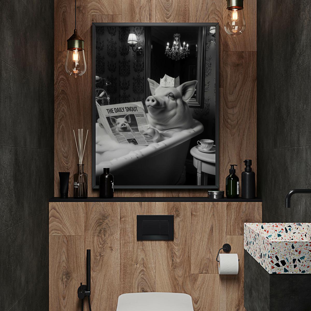 POSTER für Badezimmer WC SCHWEIN in Badewanne Zeitung Abstraktion 50x70cm - Schwarz/Weiß, Papier (50/70/1cm) - Muralo