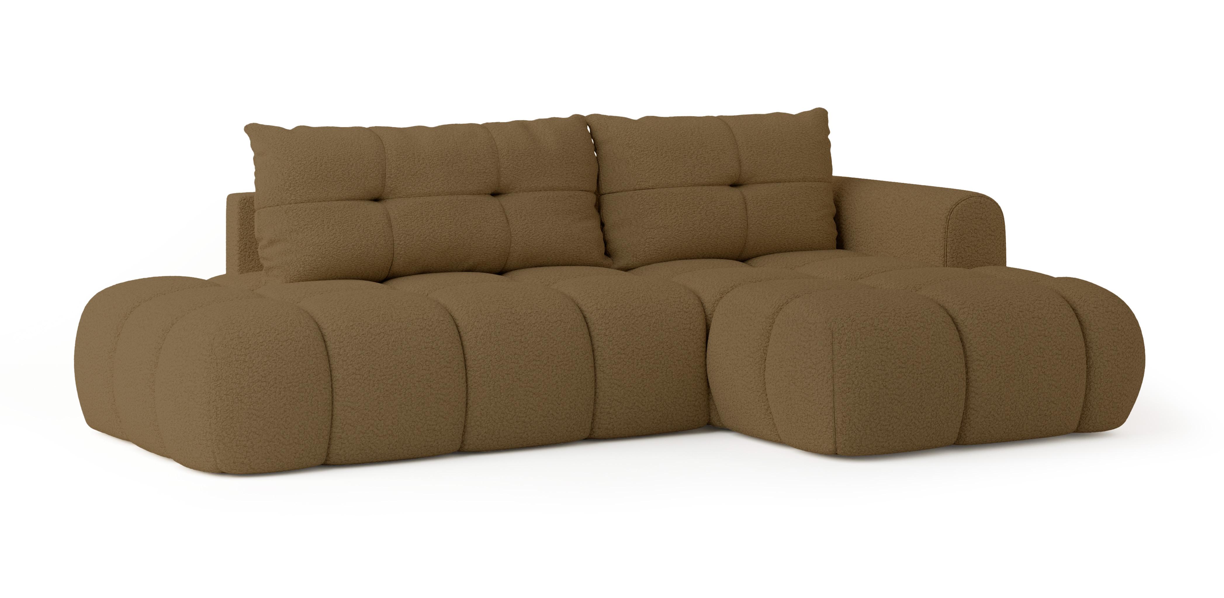 ECKSOFA FLUMA R-S Orange Boucle-Stoff mit Schlaffunktion - Orange, Holz (279/158cm) - MASSENO