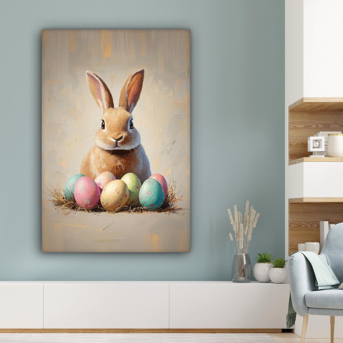 LEINWANDBILD Osterhase - Pastell - Eier Deko XXL 80x120 cm - Beige, Textil (80/120cm) - MuchoWow