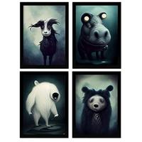 POSTER Set mit 4 Grässlich Tier im T Burton Goth Stil A4 Rahmenlos - Klar, Papier (29.7/3cm) - Nacnic