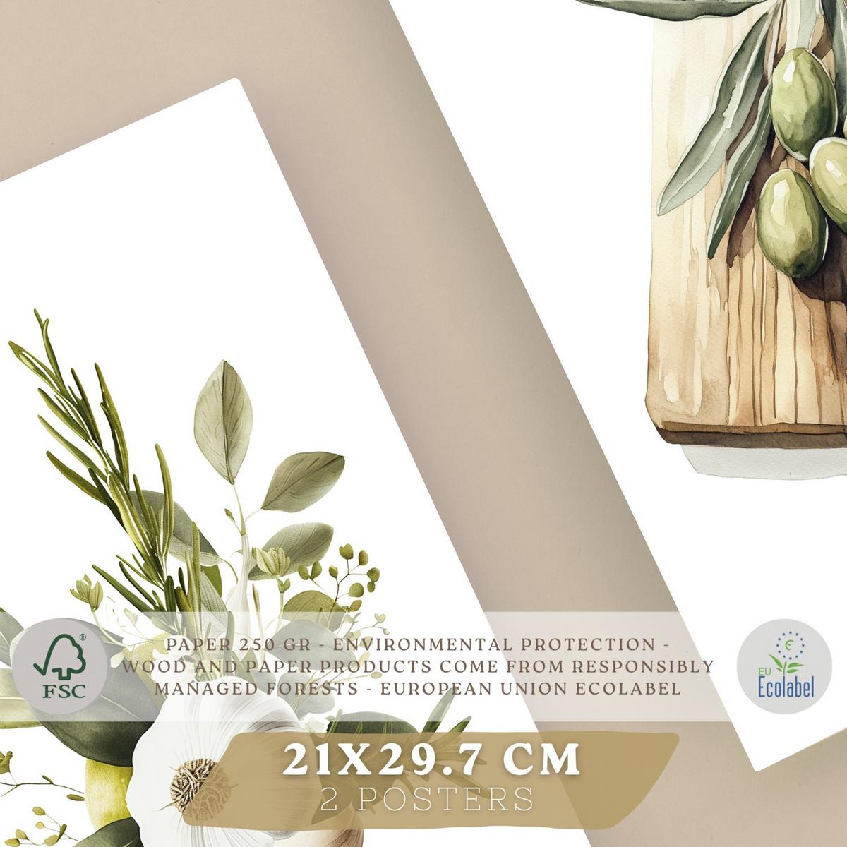 POSTER 2er Set Küchen-Wandbilder Knoblauch Kräuter und Oliven Mediterranes Aquarell Esszimmer Wanddeko Rahmenlos A4 - Klar, Papier (29.7/1/21cm) - Nacnic
