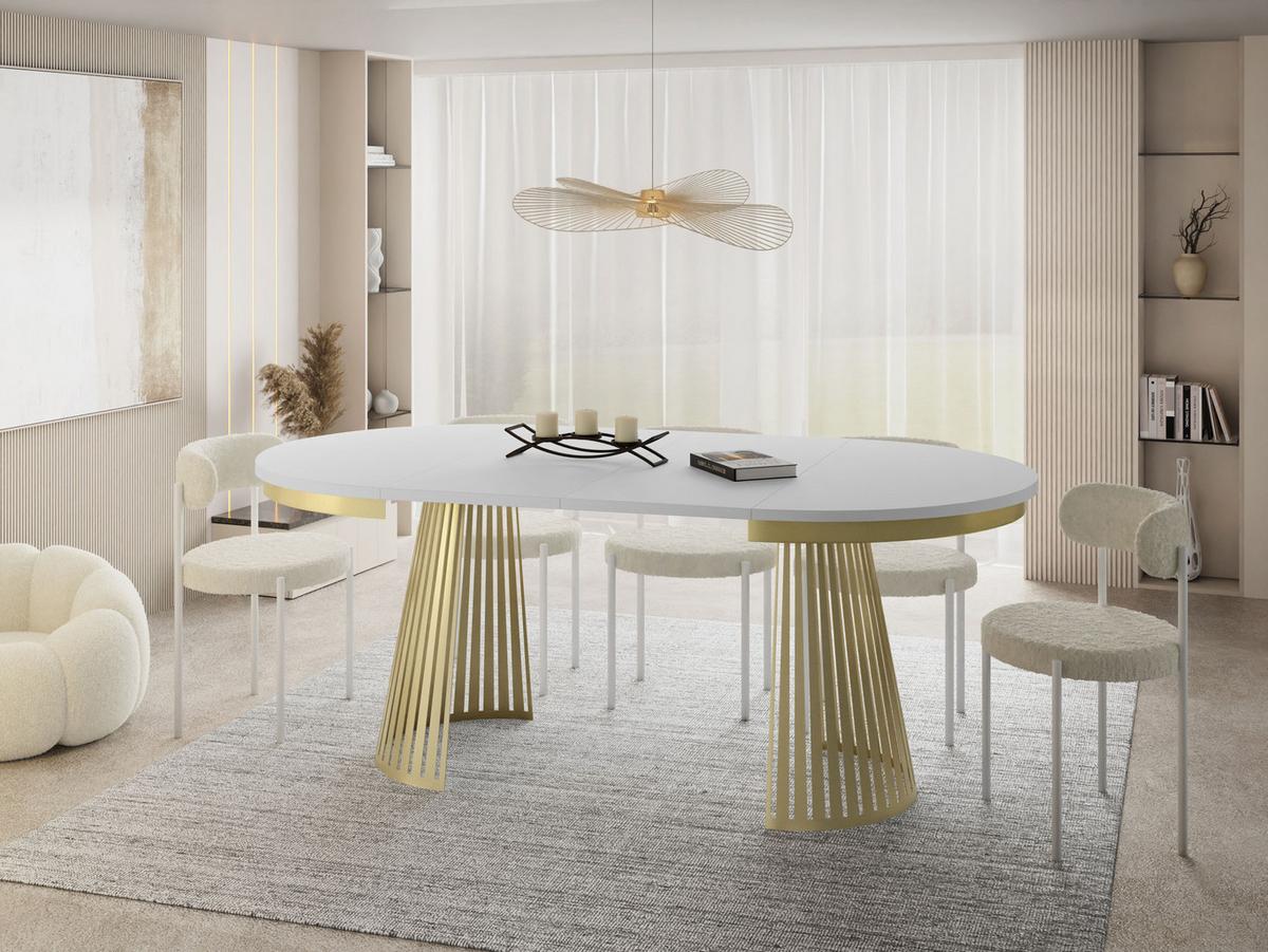 ESSTISCH Naro rund ausziehbar mit Goldem Lamellen-Metallgestell, Weiß 100-180/100/76 cm - Goldfarben/Weiß, Holzwerkstoff/Metall (100/180/76cm) - WFL GROUP
