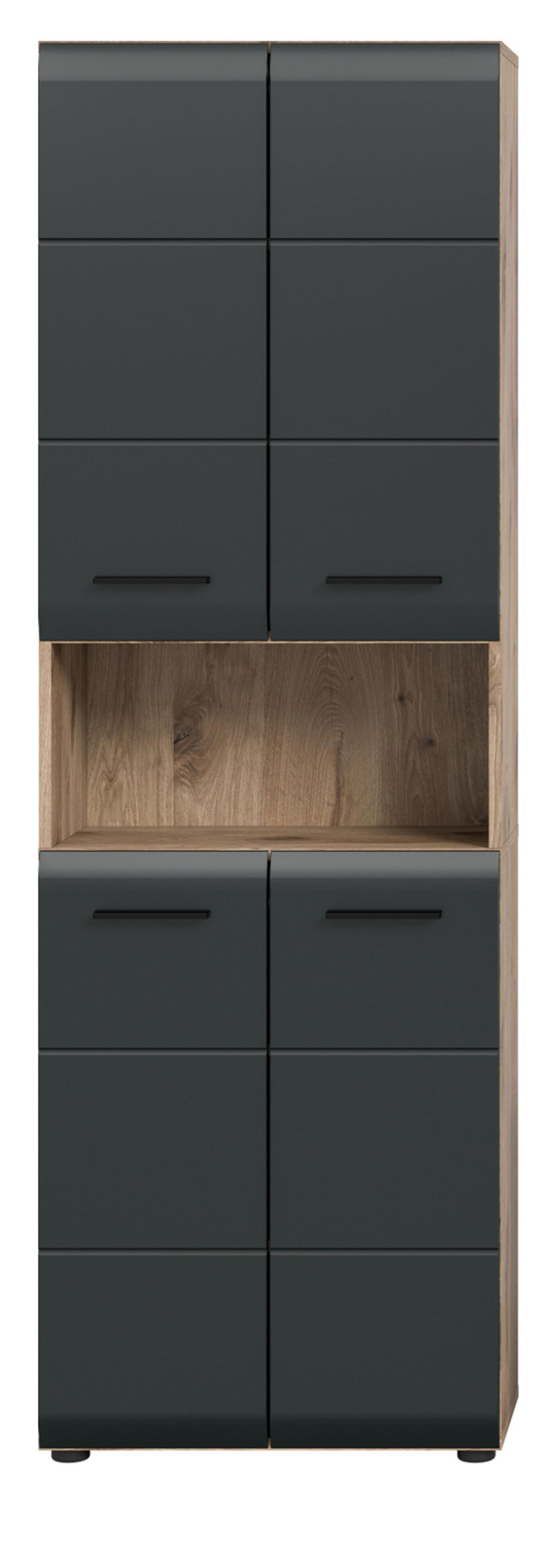 HOCHSCHRANK schwarz matt, Eiche, Badschrank 4-türig, 60 x 185 cm - Eichefarben/Schwarz, Holzwerkstoff/Kunststoff (60/185/30cm) - Inn.Furn