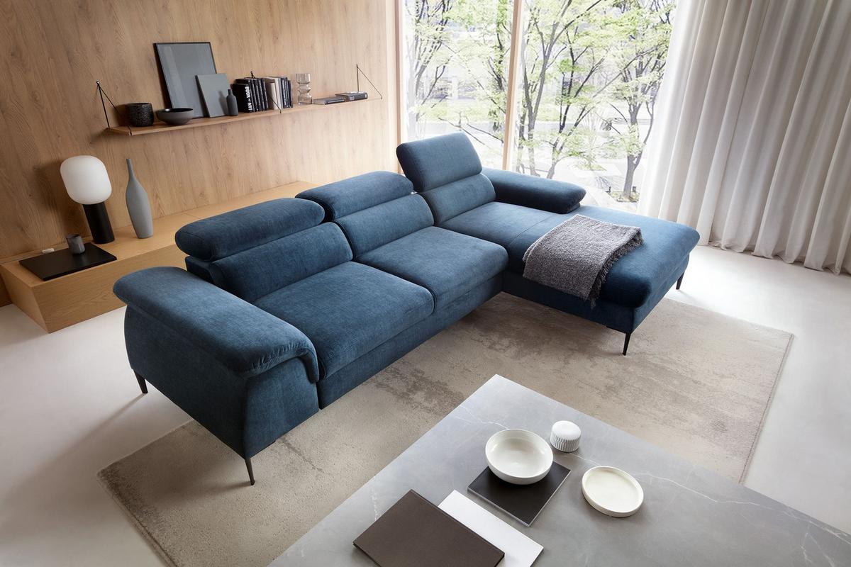 ECKSOFA MESTO Blau Velours-Stoff mit Schlaffunktion - Blau, Holz (288/182cm) - MASSENO
