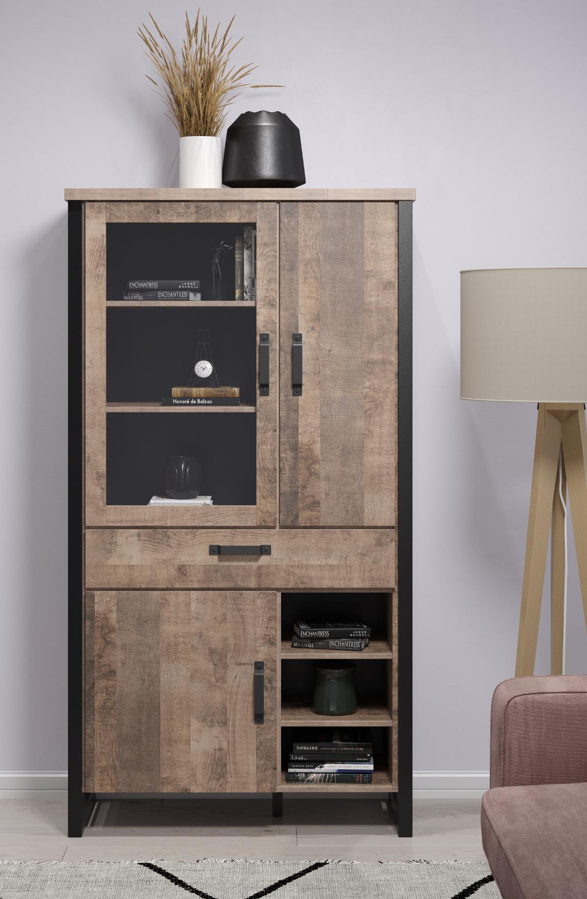 VITRINE Eiche Tabak, schwarz 106 x 195 cm, Vitrinenschrank für Wohn- und Esszimmer - Eichefarben/Schwarz, Glas/Holzwerkstoff (45/195/106cm) - Top.Furn