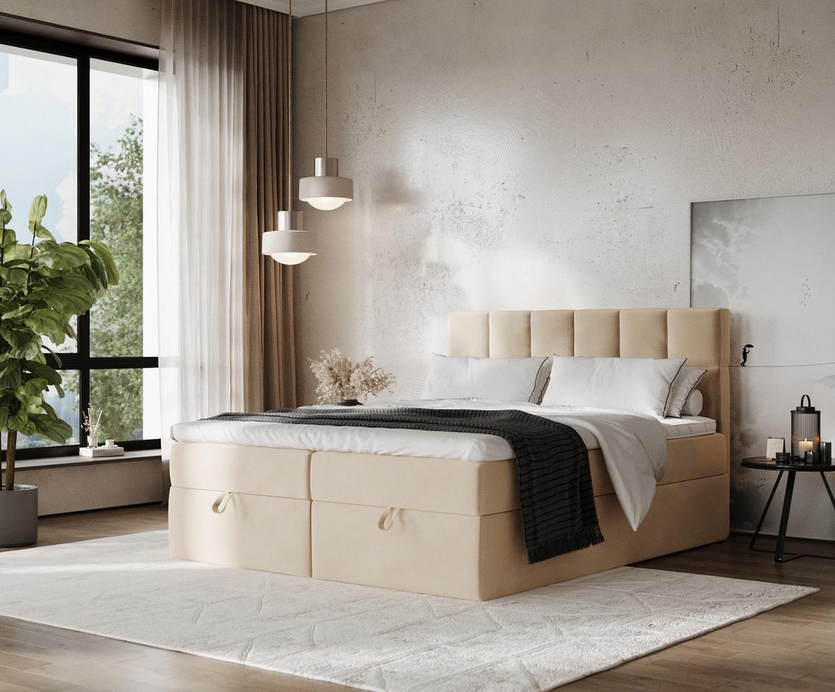 BOXBETT Savio 160/200 cm Beige im Kronos Stoff - Beige/Schwarz, Holz/Holzwerkstoff (160/200cm) - AltaBeds