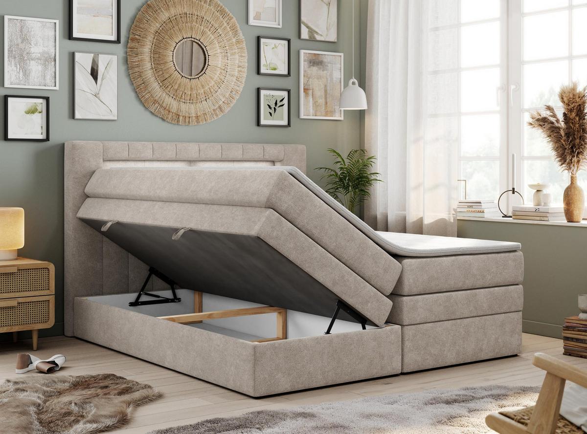 BOXSPRINGBETT GOLD-5 KING LED 200/200 Beige Struktur - H3 - Beige, Holz/Textil (200/200cm) - MKS