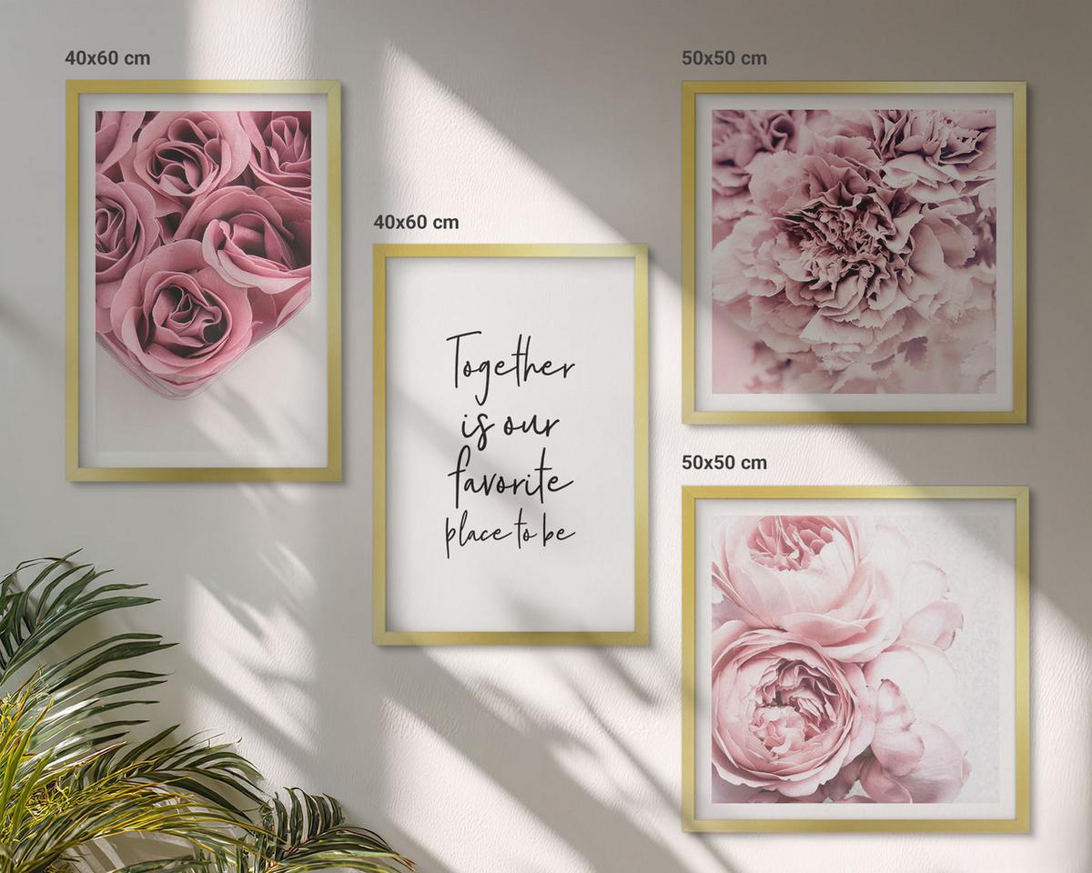 BILDER SET 4er Set - 50x50 cm & 40x60 cm Goldrahmen - Blumensträuße mit Rosen, Hausinschrift - Goldfarben, Kunststoff (50/50cm) - TULUP