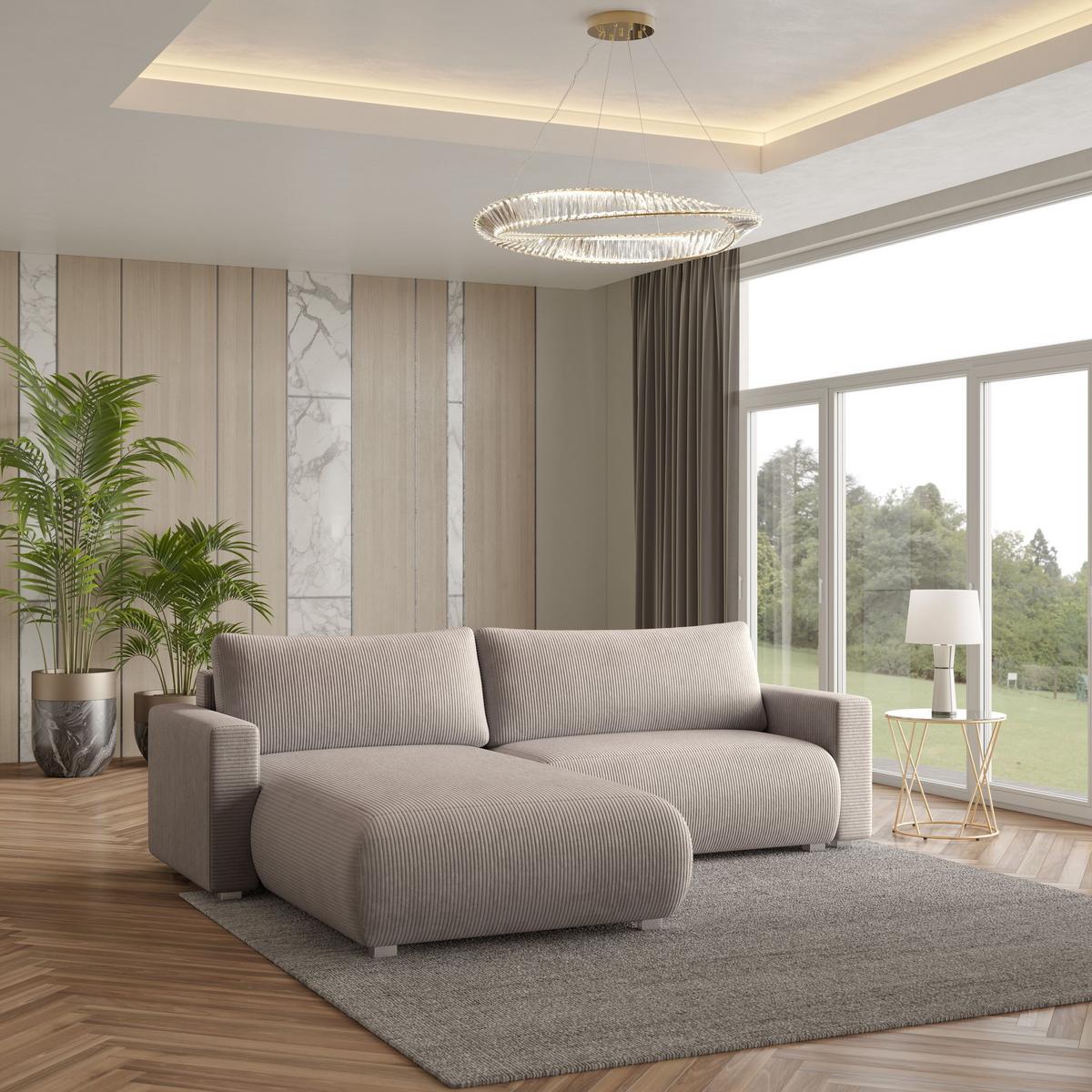 ECKSOFA TURIN P Beige Kordstoff mit Schlaffunktion - Beige/Grau, Holz/Kunststoff (265/183cm) - MASSENO