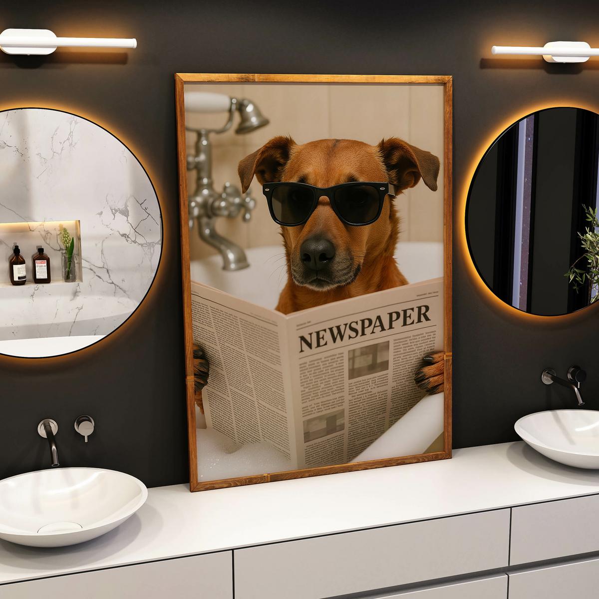 POSTER für WC Badezimmer HUND in Badewanne Retro Zeitung Abstraktion 20x30cm - Beige/Schwarz, Papier (20/30/30cm) - Muralo