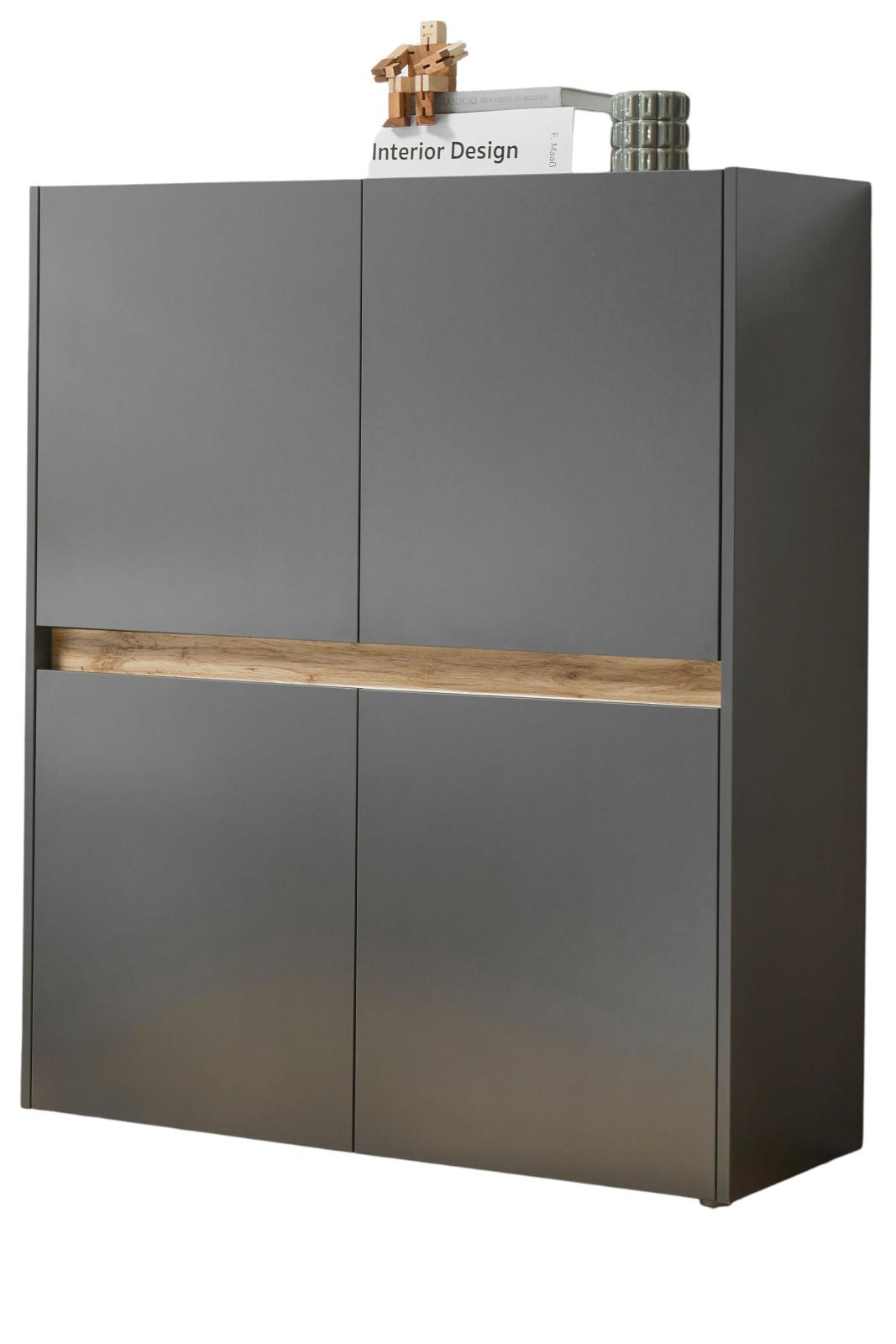 HIGHBOARD grau matt, Eiche Wotan 100 x 120 cm, Kommode 4-türig, 8 Fächer - Eiche Wotan/Grau, Holzwerkstoff/Kunststoff (100/120/40cm) - Furn.Design