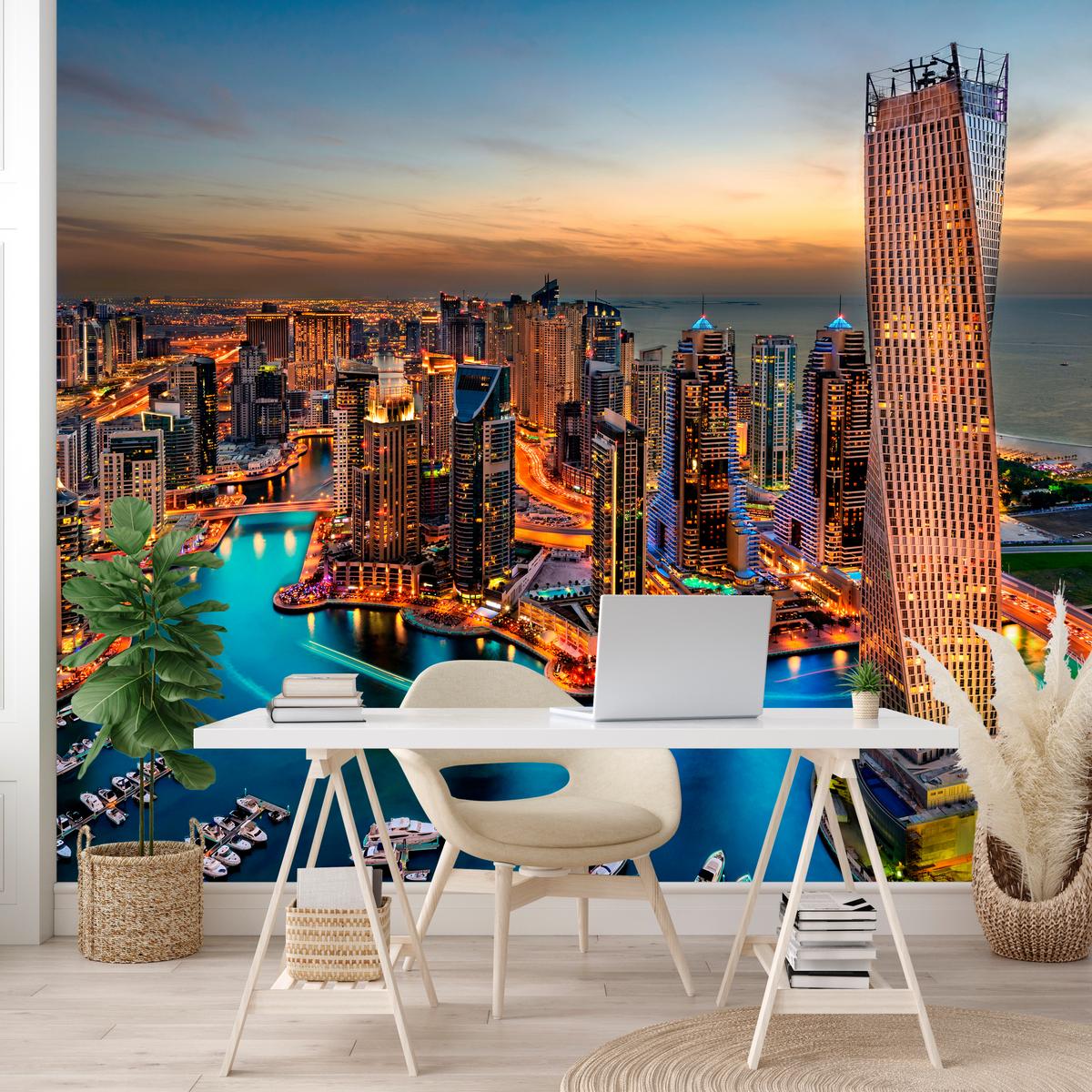 FOTOTAPETE für Büro Hochhäuser Dubai Marina Hafen Lichter Modern 150x105 - Türkis/Gelb, Papier (150/105cm) - Muralo