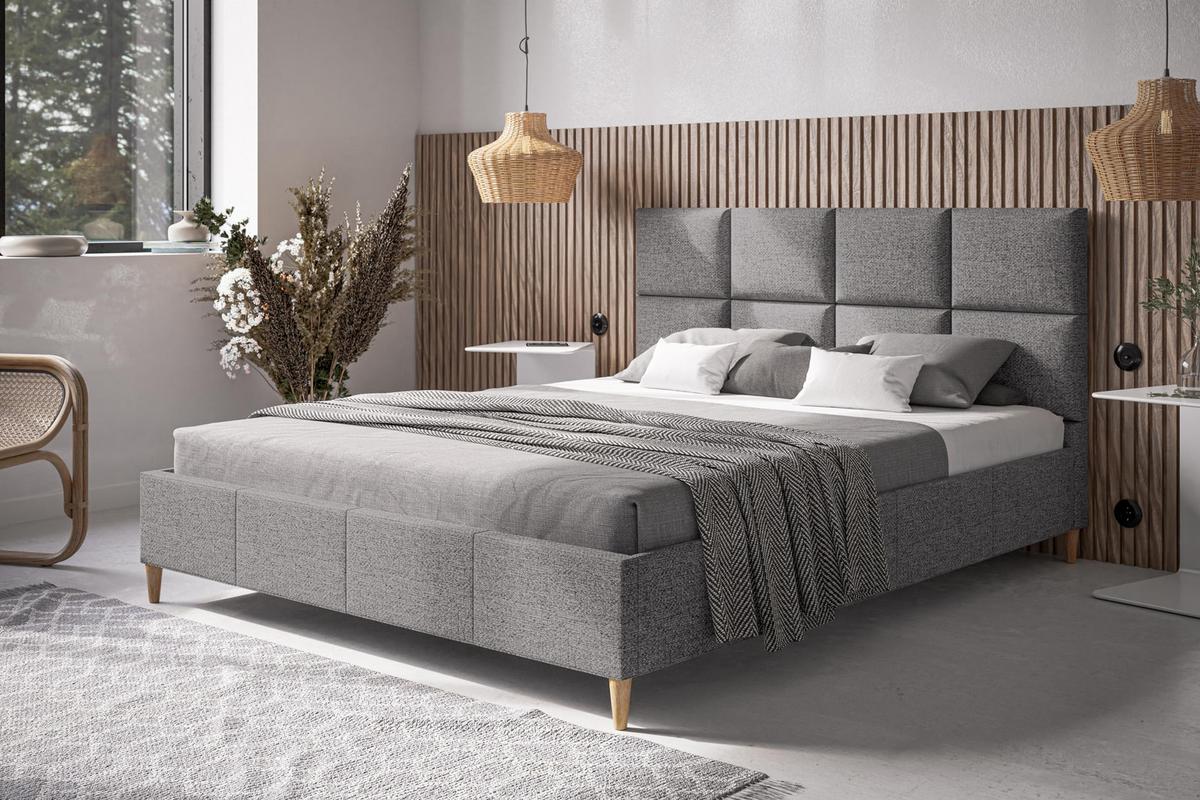 POLSTERBETT LUX Roma mit Kopfteil, 160 x 200 cm, Doppelbett mit Lattenrost aus Holz, Strukturstoff Grau, Füße in Farbe: Braun - Grau, Holz/Textil (160/200cm) - Alpi-Möbel