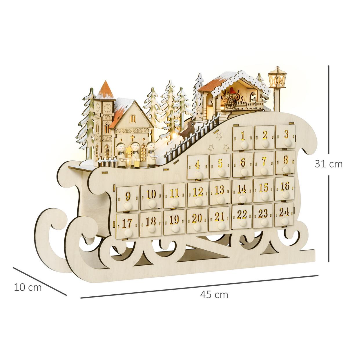 ADVENTSKALENDER Weihnachtskalender 24 Schubladen mit LED Schlitten-From - Naturfarben, Holz (10/31/45cm) - HOMCOM