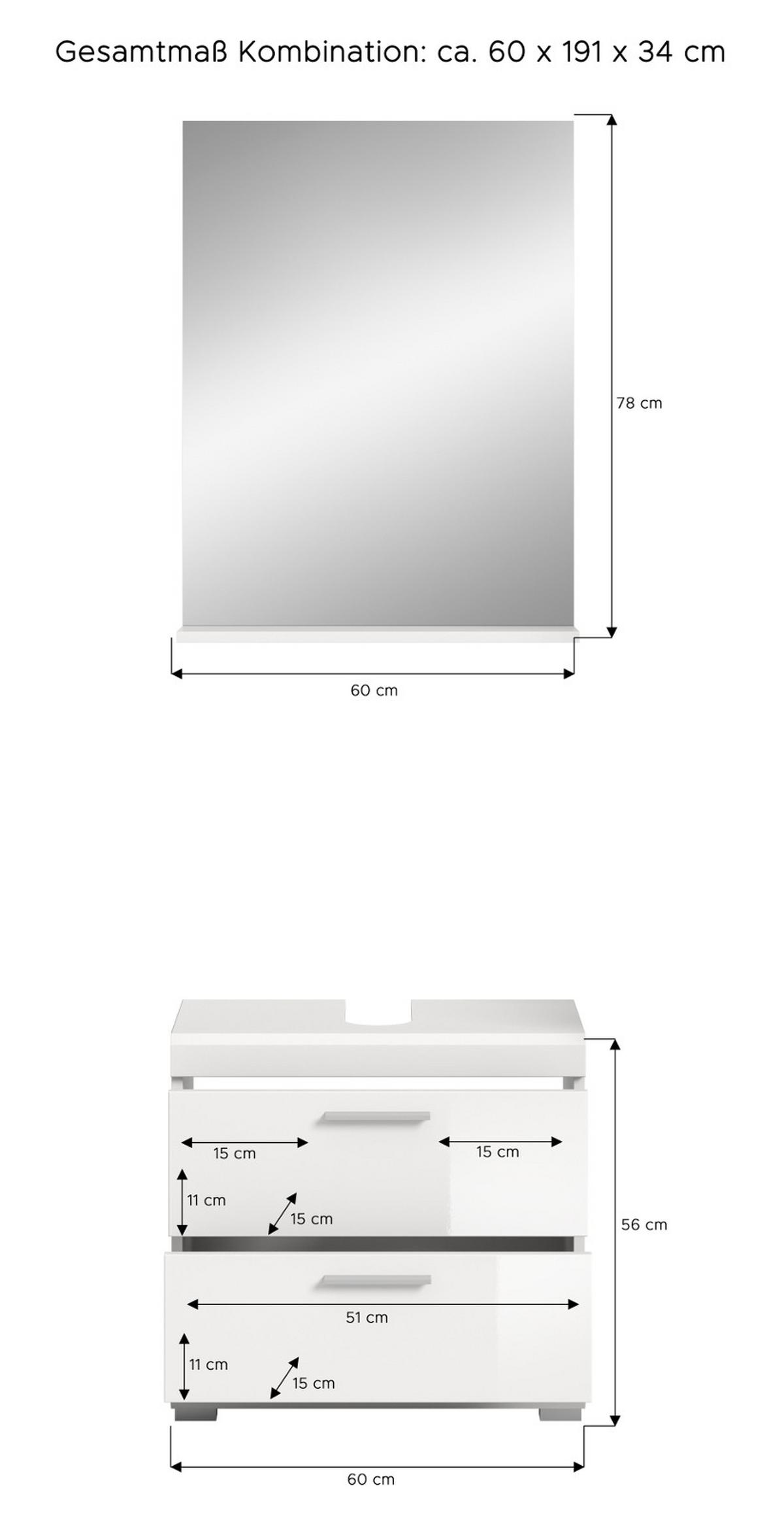 BADMÖBEL-SET weiß Hochglanz 2-teilig 60 cm, Kombination mit Spiegel - Weiß Hochglanz, Glas/Holzwerkstoff (60/191/37cm) - Inn.Furn